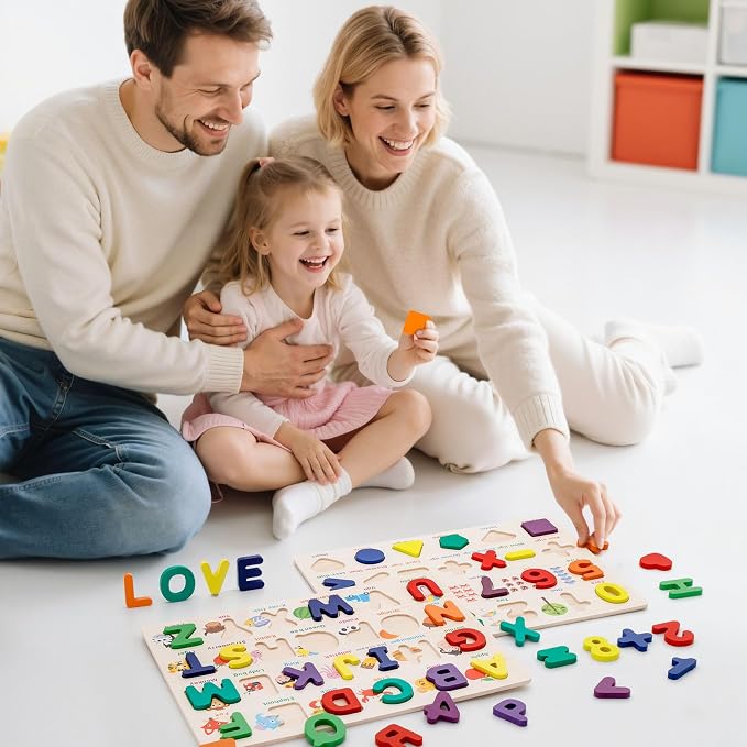 Attmu Alphabet Wooden Puzzles for Toddlers 2 Pcs ABC Shape Number Puzzle | Learning Toys for Kids, Preschool Educational Activities Toddler Gift Toys for Girls Boys Christmas Valentines Easter