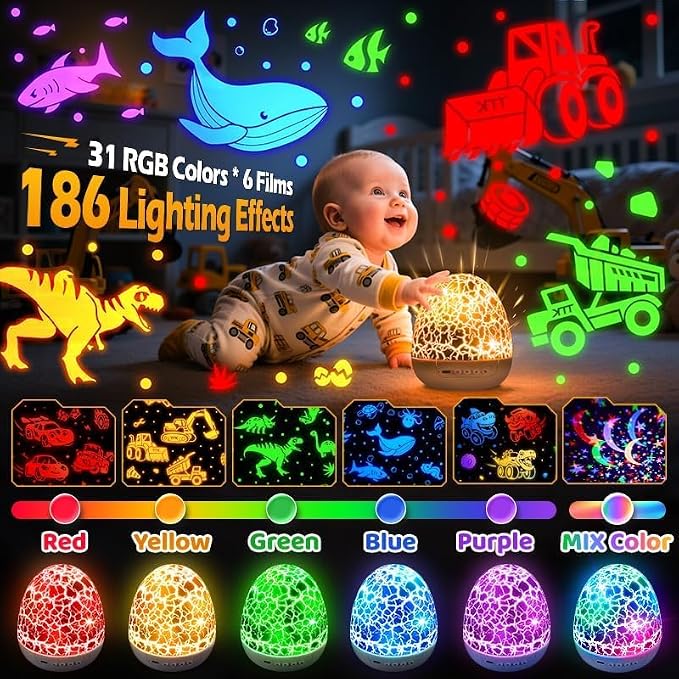 Excavator Construction Toy Projector, 15 Sounds & 6 Films Truck Night Light | Excavator Toys for 4 year old Boys, White Noise Dinosaur Egg Night Light for Kids Room Decor,31 Color Remote Timer Brightness