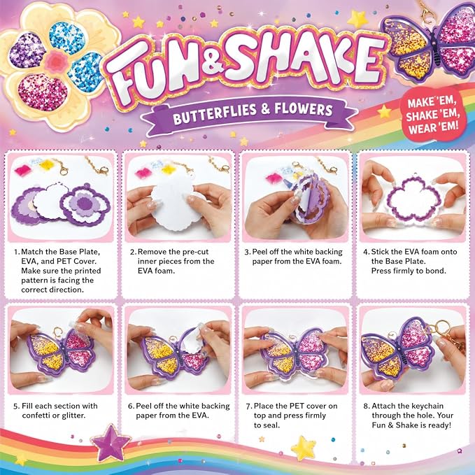 DIY Glitter Craft Kit with Keychains - Mess-Free Arts and Crafts for Kids Ages 4-8, Fun Shake-It Activity, Creative Travel Toys, Party Favors & Birthday Gifts for Girls 4-9