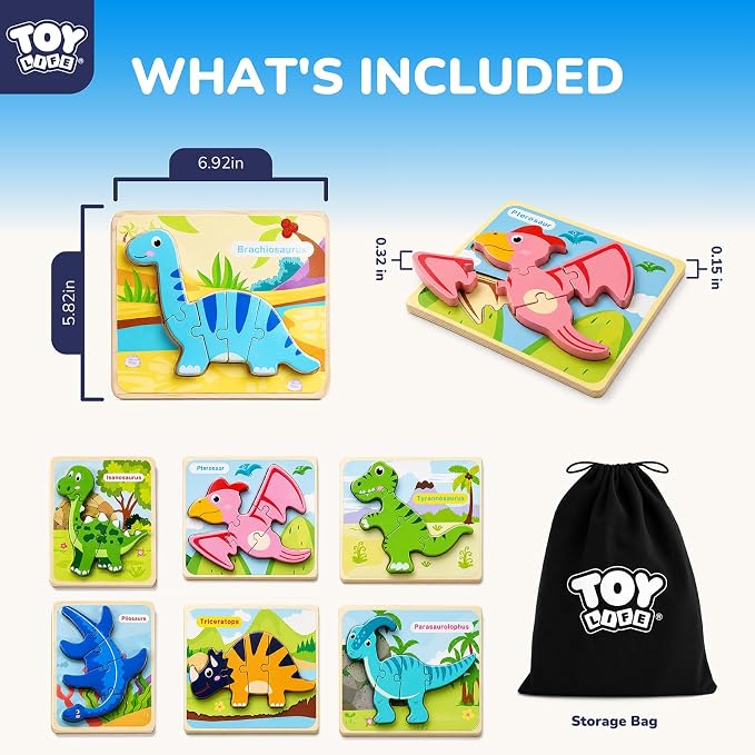 TOY Life Toddler Puzzles Ages 2-4, Wooden Puzzles for Toddlers 1-3, 7 Pcs Dinosaur Puzzle 2 Year Old, Puzzles for Kids Ages 3-5, Toddler Boy Toys 2-3, Educational Learning Toys for 3 Year Old