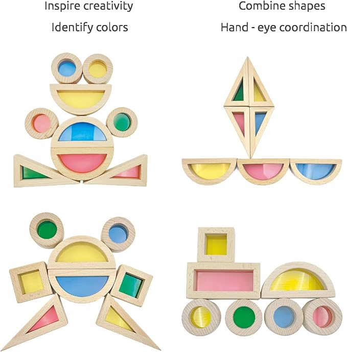 24pcs Wooden Building Block Set for Girls&Boys | Rainbow acrylic stacking block Montessori&construction toy,educational geometry toy for toddler gift for endless fun!