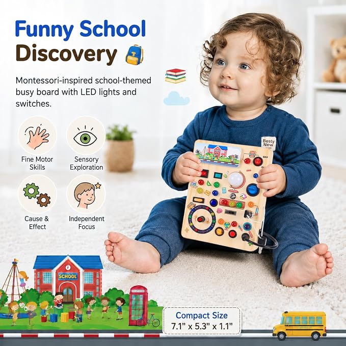 Busy Board with LED Light Switches, Montessori Toys for 1 2 3 Years Old, Toddlers Wooden Toy Sensory Activity Board, Travel Toys for 1+ Year Old Boy & Girl Birthday Gift (School)