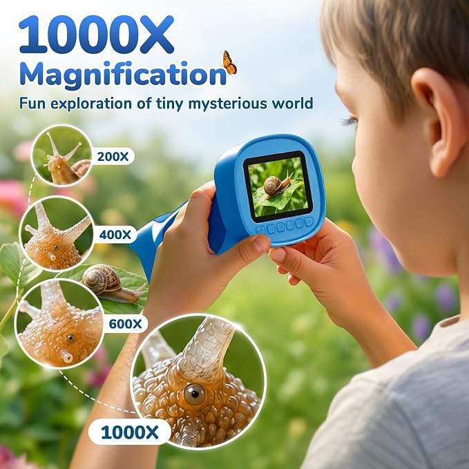 1000X Handheld Digital Microscope for Kids with 2.4" IPS Screen (Blue) | Portable Educational STEM Microscope Toy with Photo/Video, 8 LEDs, Manual Focus, Rechargeable for Ages 4-12 Boys & Girls