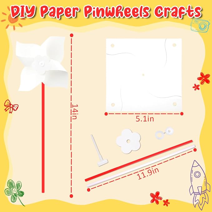 110pcs Summer Activities for Kids – DIY Paper Pinwheels Crafts, Blanks White Windmill Kits Bulk for 4th of July, Classroom Party, Back to School, Easter, Spring Art Projects