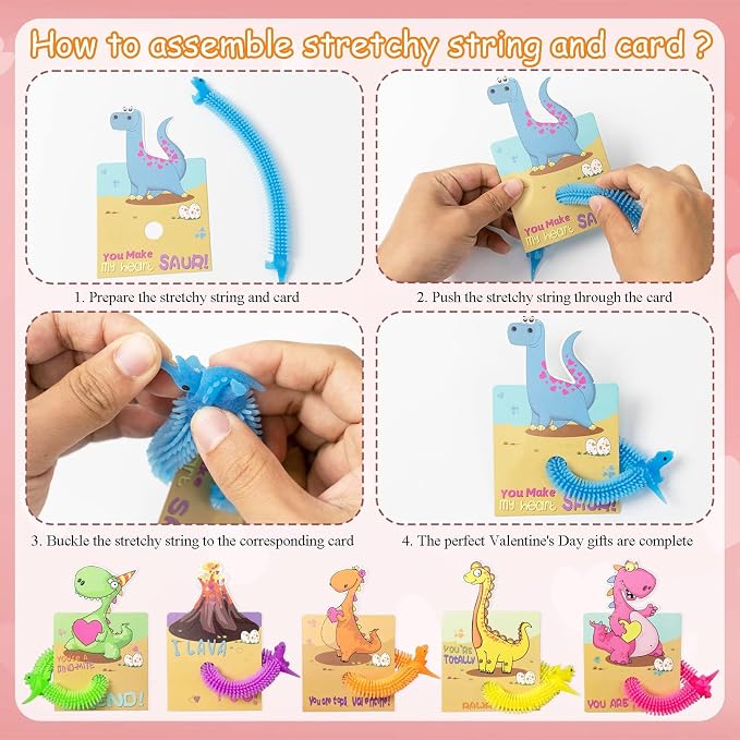 Valentines Day Cards for Kids - 24Pcs Dinosaur Cards With Glow in Dark Stretchy String Sensory Fidget Toys for Party Favors, Classroom Exchange Gifts, School Supplies