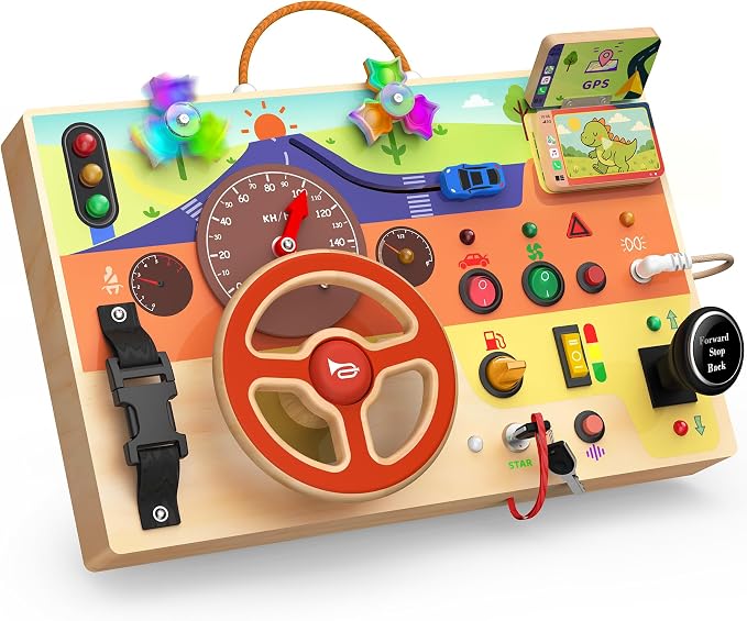 UdoUto Montessori Wooden Busy Board with Steering Wheel & Driving Toys | Sensory Activity Boards for Toddlers 1-3, Car Themed Fidget Toy, Lights, Switches & Windmill Spinner