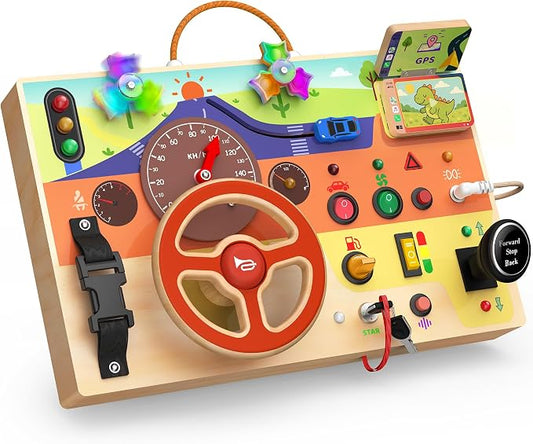 UdoUto Montessori Wooden Busy Board with Steering Wheel & Driving Toys | Sensory Activity Boards for Toddlers 1-3, Car Themed Fidget Toy, Lights, Switches & Windmill Spinner