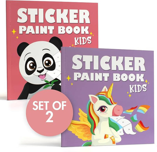 Fun Paint with Sticker Books for Kids Set of 2 - Activity for Ages 4-8 | Entertaining Sticker Activity with Vibrant Themes Keeps Kids Busy - Puzzle to Learn Shapes and Numbers at Home or Travelling
