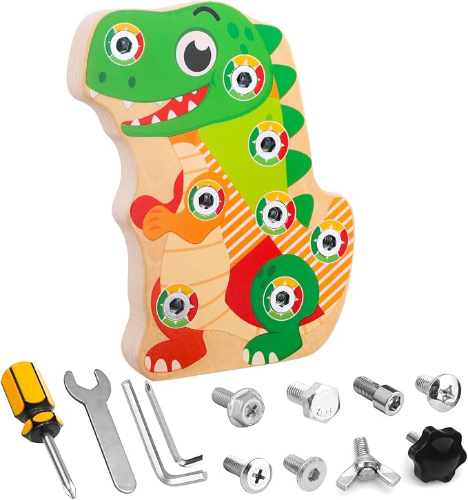Montessori Dinosaur Screw Board, 8 Screws, Fine Motor Toy for Kids Ages 3+ | Matching 4 tools to different screw-head styles for repeat remove-and-replace play
