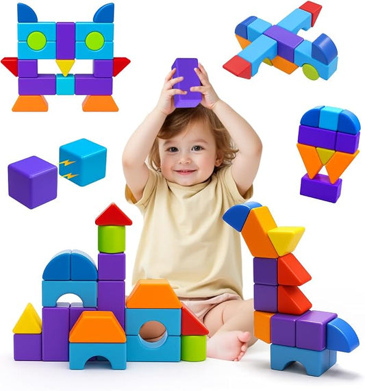 Pairez Toys Magnetic Blocks, Large 1.65 inch Stacking Blocks for Kids | 19 PCS blocks, 7 Colors & 8 Shapes, 3D Building Fun, Montessori Sensory Toy, Preschool Construction Kit, Travel & Outdoor Toy