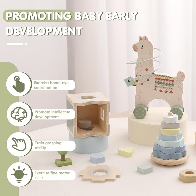 FReniland Montessori Toys for 1 Year Old，3-in-1 Wooden Baby Toys，Wooden Stacking Toy，Toddler Shape Sorting Cube, Llama Ring Toy,Newborn Baby Gift Sets for Boys and Girls