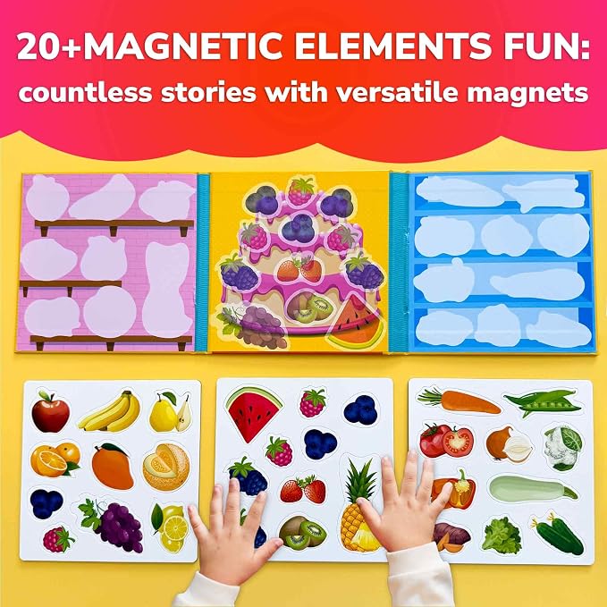 Travel Magnetic Puzzles for Toddlers 1-3 - 20+Pcs Toddler Puzzles Ages 2-4 | Fruits & Vegetables Magnet Puzzles with Extra-Long Play Book - Strong Magnets for Car Activity - Travel Toy for Kids Ages