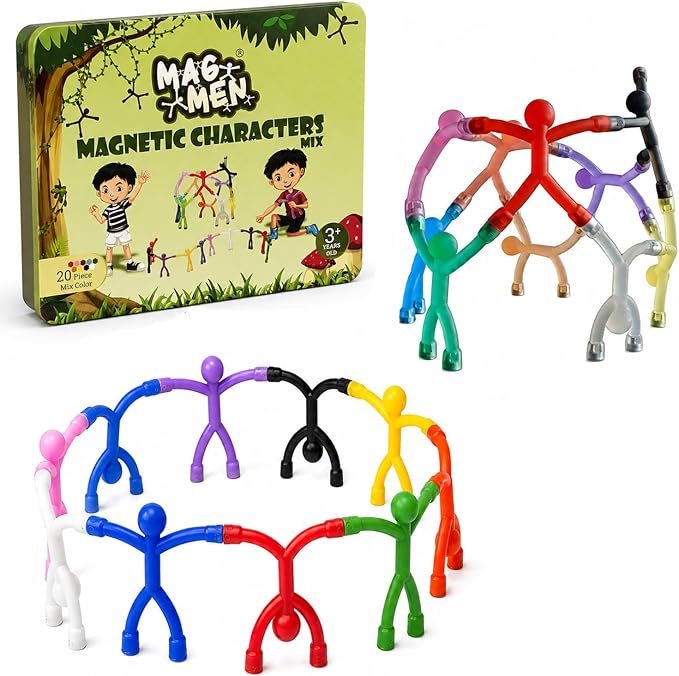 MAGMEN Magnetic People Figures, 20 Pc Magnet Men Kids Airplane Travel Toys | 3 in. poseable fidget figures, Mixed colors, magnets securely embedded. Quiet car, desk and road trip play. With metal tin.