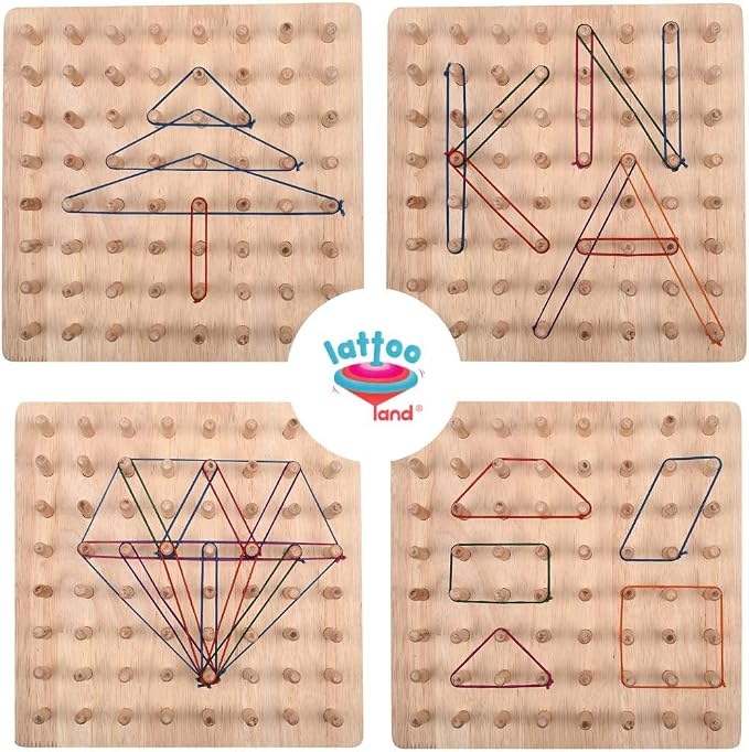Lattooland Wooden Geoboard (8x8 Big Size) with Wooden Pegs | NO Nails | Brain Board Montessori STEM Toy for Kids | 42 Pattern Cards, Bands | Math Geometry Educational Game 3 4 5 6 Year Boys Girls