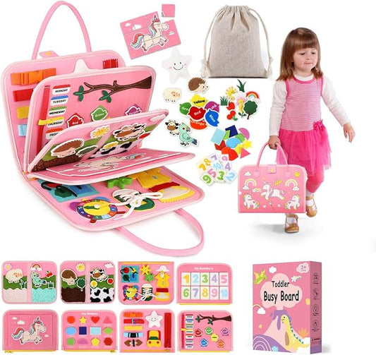 Toddler Sensory Busy Board: Travel Toy Activity Book for Girls Boys, Motor Skill Development Gift for Baby Aged 3-4 Years, Fine Educational Preschool Montessori Learning Toy for Car Airplane Unicorn