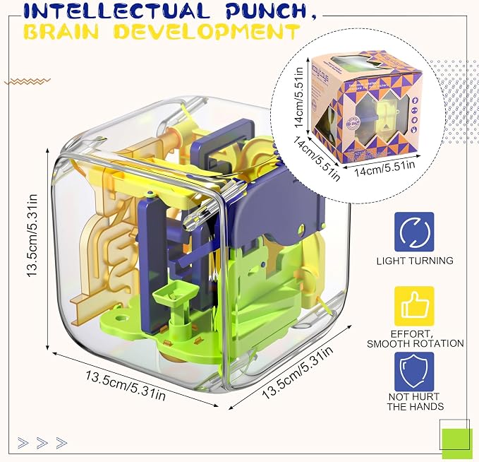 1 Sets Large Labyrinth 3D Maze Cube Puzzle Maze Game Gravity 3D Puzzle Cube Brain Teaser Ball Games for Kids Education Sensory Toys Gift for Adults (Upgrade Version,Yellow)