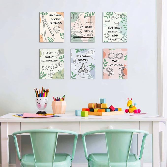 HOURIA 6pcs Framed Classroom Math Canvas Wall Art Set(8"x10") | Equations Geometry Function Symbols Wall Decor, Eucalyptus Education Mathematical Art Print for Middle School