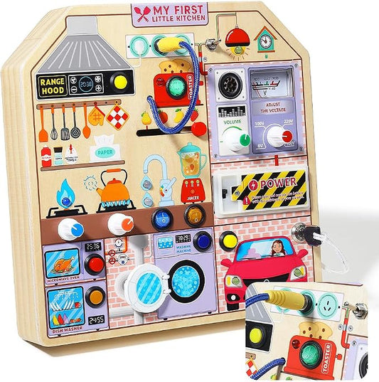 JAUNTY Kitchen Busy Board Toy for 3 4 5 Years Old, Wooden Sensory Toys Montessori 3-5 Toddler Girls Toy with Sound, Learning Kitchen Toys Great 1st First Birthday Gift for Girls Boys