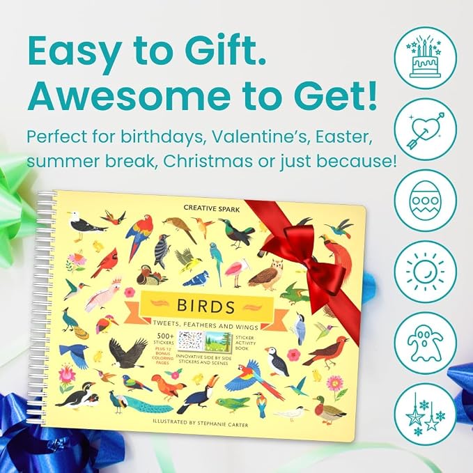 Cupkin Bird Coloring & Sticker Activity Book | 500+ Stickers | Spiral-bound kids craft format with 12 scenes, 12 art pages, side-by-side viewing, and an easy-peel design for ages 2–8