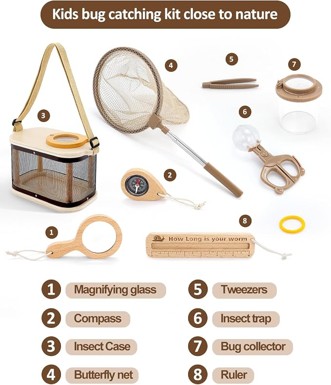 Wooden Bug Catcher Kit for Kids Ages 3-8, Outdoor Explorer Set | Bug Habitat • Magnifying Glass • Butterfly Net • Catch & Release • Nature Discovery