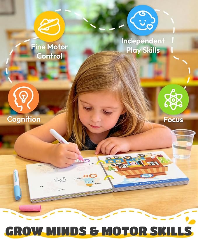 JUPITEARTH 28 Pages 3-in-1 Pack Mess Free Coloring Book Set for Toddlers | Reusable Water Painting Book with 2 Refillable Water Pens,Educational Activity Toys for Toddlers
