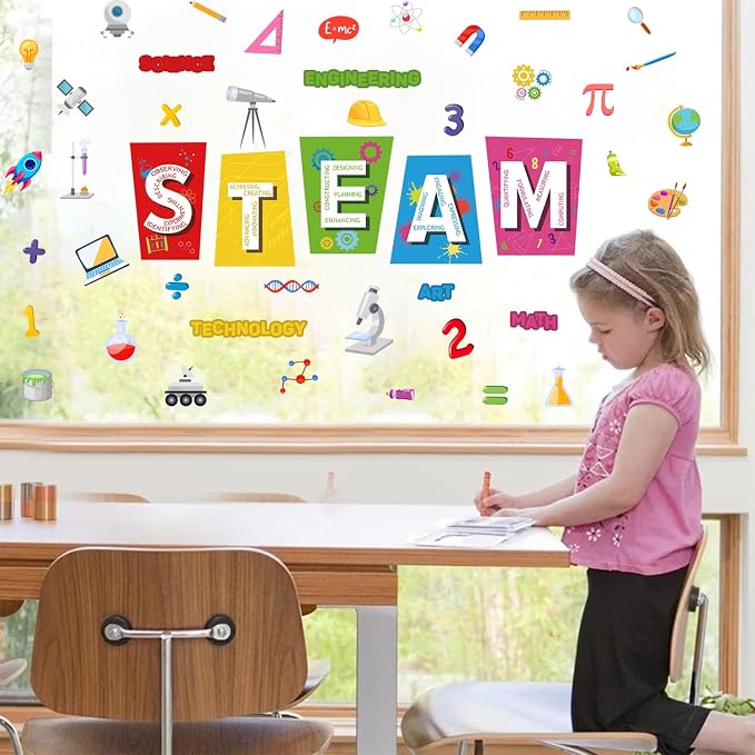 LHIUEM STEAM Educational Wall Stickers 35"×24" Science Tech Engineering Art Math Wall Decal Colorful Classroom Decor Removable Self Adhesive Learning Mural Renter Friendly for Kids Bedroom Playroom
