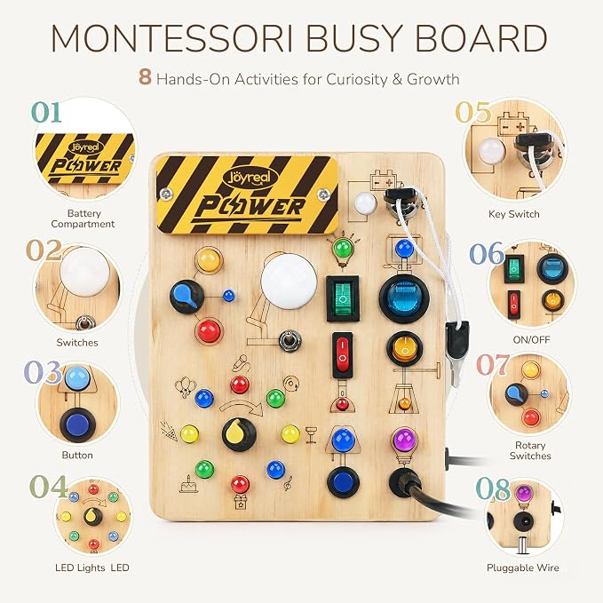 Joyreal Busy Board for Toddlers - Montessori Toys for 1 2 3 Year Old | Wooden Sensory Activity Board with 10 Switches & 19 Lights, Ideal Educational Travel Toy Gift for Boy & Girl Birthday