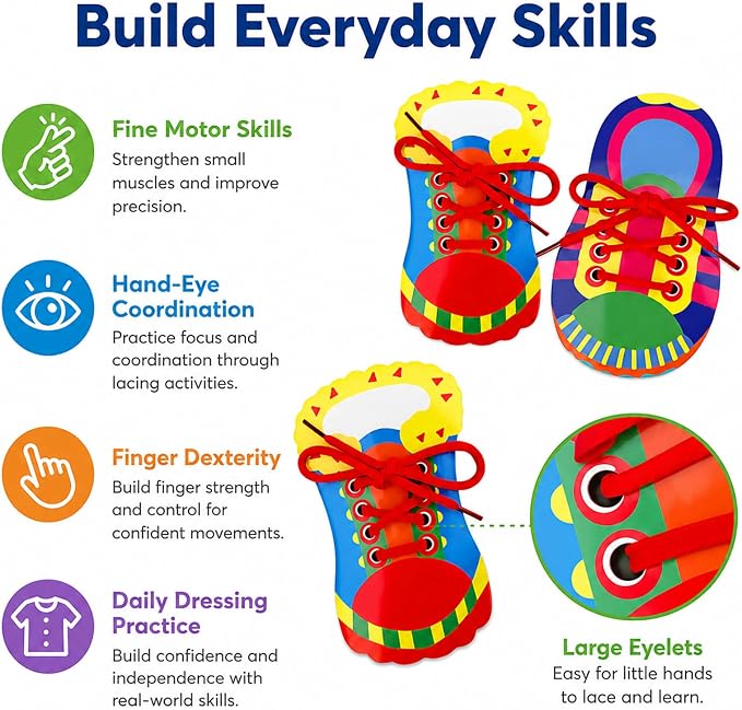 Quixorblex 6 Pcs Shoelace Threading Shoe Tying Practice for Kids Lacing Cards Toddlers Fine Motor Skills Toys Learning Activities Montessori Toys