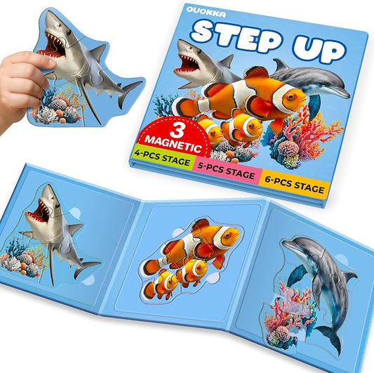QUOKKA Step Up Magnetic Puzzles for Toddlers 1-3, Ocean Puzzle Set in One Book, Travel Games for Kids 3-5, Screen Free Toy for Toddlers and Preschoolers