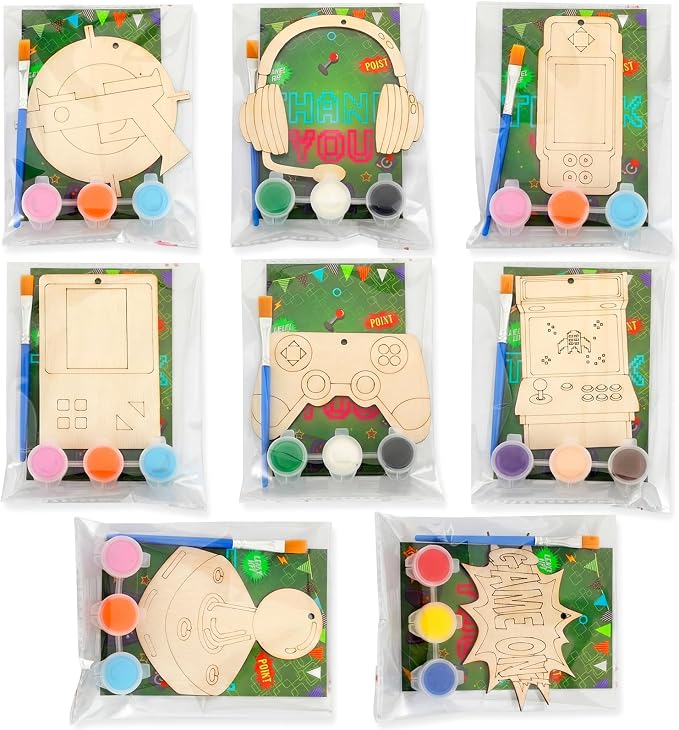 Saypacck 24 Pcs Video Game Party Favors Wooden Paint Craft Kits | DIY Craft for Kids Adults, Includes Brushes Paints Bags, Goodie Bag Fillers, Thank You Gifts, 8 Gaming Controller Designs