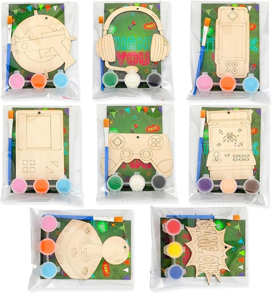 Saypacck 24 Pcs Video Game Party Favors Wooden Paint Craft Kits | DIY Craft for Kids Adults, Includes Brushes Paints Bags, Goodie Bag Fillers, Thank You Gifts, 8 Gaming Controller Designs
