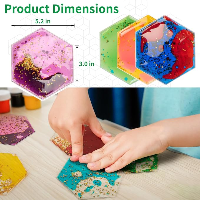 LONGKING 4-Pack Hexagon Liquid Tiles for Kids, Soft Gel Liquid Sensory Toys for Autistic Children, Sensory Mats, Sensory Toys for Toddlers 3-4 | Sensory floor tiles, soft liquid gel, color movement play mat, playroom classroom daycare, 4-pack