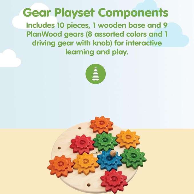 PlanToys® Wooden Spinning Gears Playset Montessori Construction Kids STEM | rotating gears, cause and effect toys, montessori toys, girls, boys, mechanical logical problem solving learning gift set