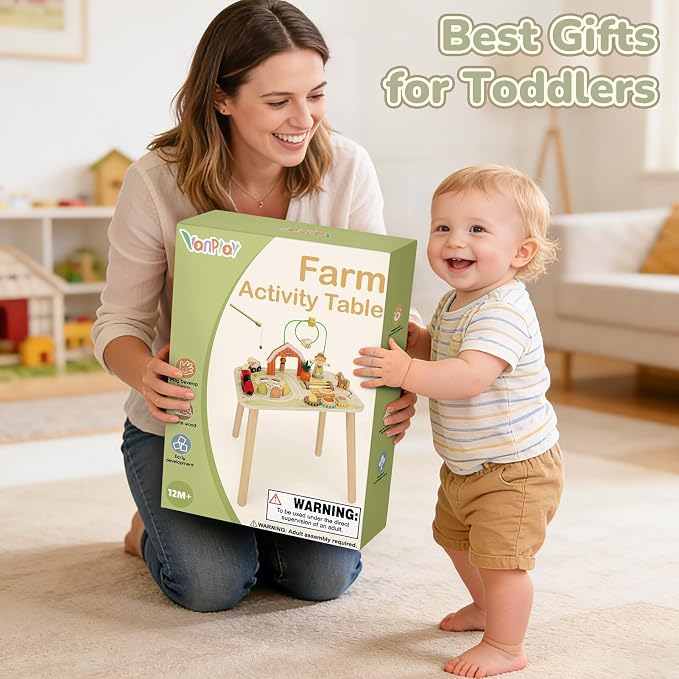 Vanplay Activity Table for 1 2 Year Old Boy Girl Birthday Gifts | 10 in 1 Farm-Themed, Upgraded Large Size, Learning Activities with Fishing/Shape Sorte/ Animal Train Track for Toddler 1-3