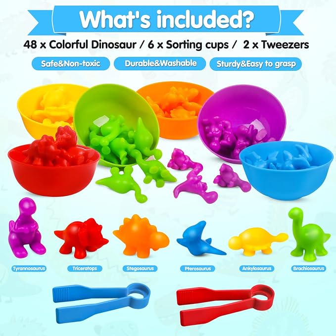 USATDD Counting Dinosaurs Montessori Toys Color Sorting Animals Matching Games Preschool Learning Activities Educational Sensory Toys Birthday for Kids Toddlers Boys Girls Age 3+