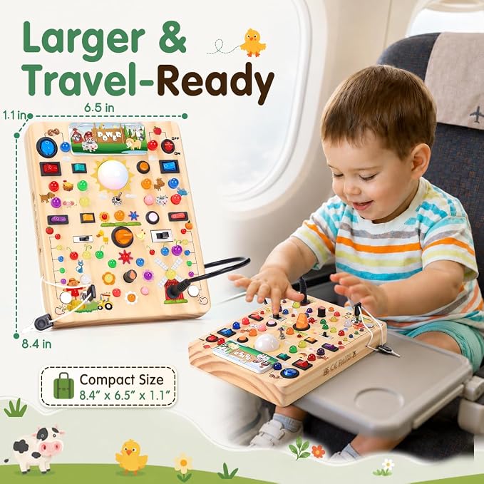 HarVow Busy Board with LED Light Switches, Montessori Toys for 1 2 3 Years Old, Toddlers Wooden Toy Sensory Activity Board, Travel Toys for 1+ Year Old Boy & Girl Birthday Gift (Farm 19 Switches)