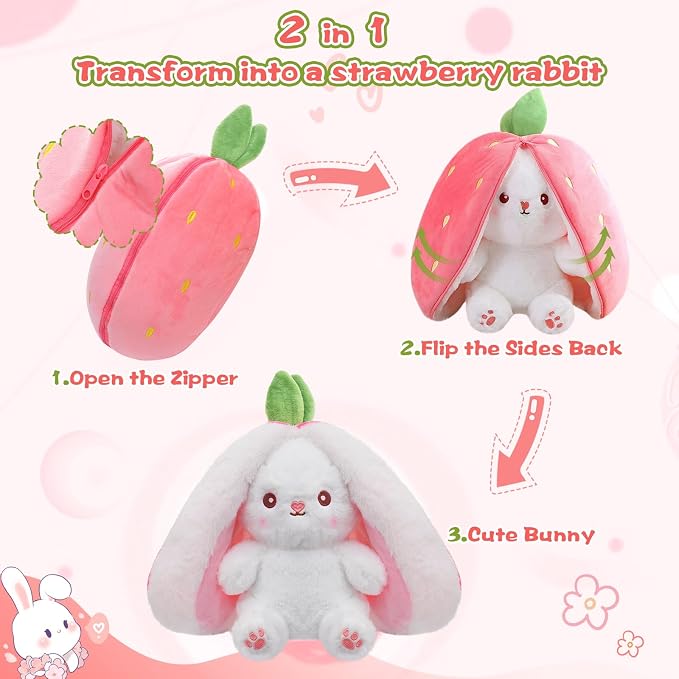 MIAODAM Strawberry Bunny Stuffed Animal,Reversible Cute Bunny Rabbit Plush | Zipper Design Turns Into Ear Bunny Plushies Toy,Cuddle Stuffed Bunny Doll for Kids Girls,Christmas/Birthday/Easter Bunny Gift
