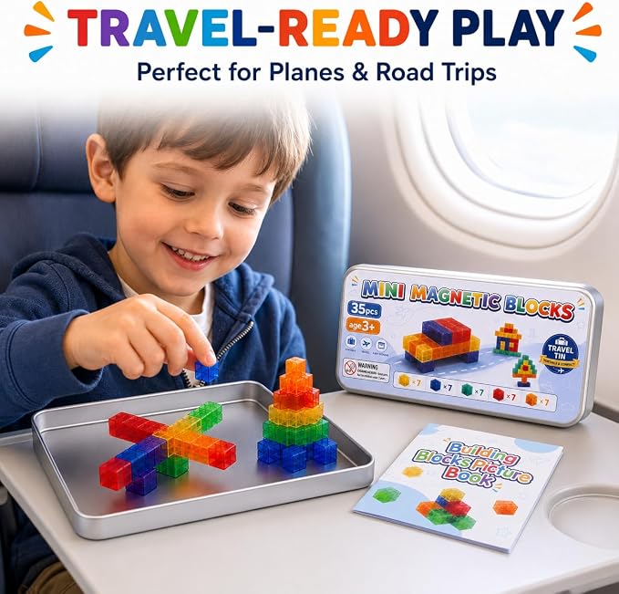 POSOUL 35-Piece Mini Magnetic Building Blocks Travel Set with Metal Storage Tin and Play Tray, Colorful Transparent Magnet Cubes, STEM Construction Toy with Idea Book for Kids Ages 3+