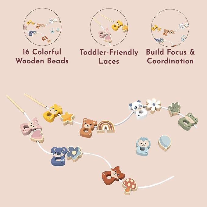 Wooden Lacing Beads Set for Toddlers 24m+ Threading Toy | animal shapes, threading beads, lacing toys, sorting & stacking toys, preschool toys, pattern color recognition, fine motor