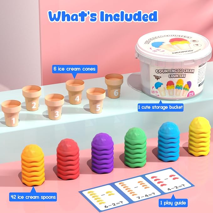 NEOROD Ice Cream Toys for Toddlers 1-5, Montessori Counting Manipulatives | 6 Cones & 42 Scoops Math Color Sorting Set, Fine Motor Stacking Game with Storage Container, Safe Rubber Sensory Play
