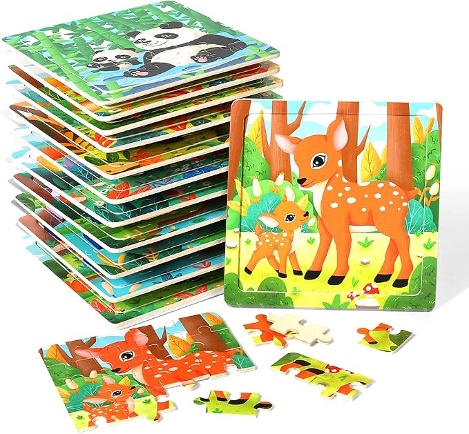 GRINNNIE Jigsaw Puzzle for Toddlers 3 4 5 Years Old, Montessori 12 PCS Wooedn Forest Animal Puzzles, Portable Size Puzzle Preschool Learning Toys for Travel or Car, Birthday Gift for Boys and Girls