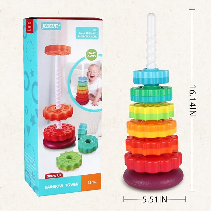 JUXUE Spinning Toy, Rainbow Stacking Toys for Children 1-3, Ring Stacker Toys 12 Months, 1 One Year Old Girl Boy Christmas Birthday Gifts, Montessori Autism Sensory Toy