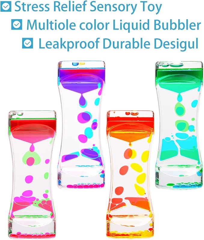 Liquid Motion Bubbler - 4 Pack Sensory Toys | Stress Management Relief Fidget Bubbler - Relaxing Water Timers - Office Home Colorful Hourglass Desk Decor