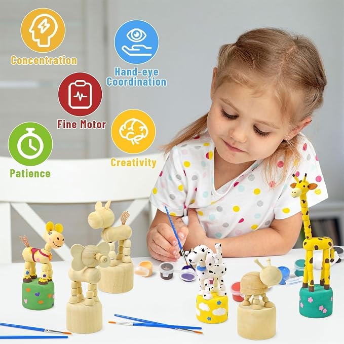 Vileafy Crafts for Kids Ages 4-8 with Paints & 8 Brushes, DIY Wooden Painting Kits for Boys and Girls, Unfinished Wood Animals Figures for Painting Party Favors and Kids Gifts (Pack of 3)