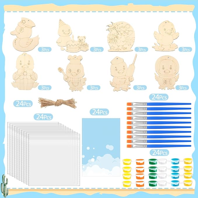 Saypacck 24 Pcs Duck Party Favors Wooden Paint Craft Kits | Duck Theme Crafts for Kids Birthday, Goodie Bag Fillers, Brush Paint Organza Bags Included,