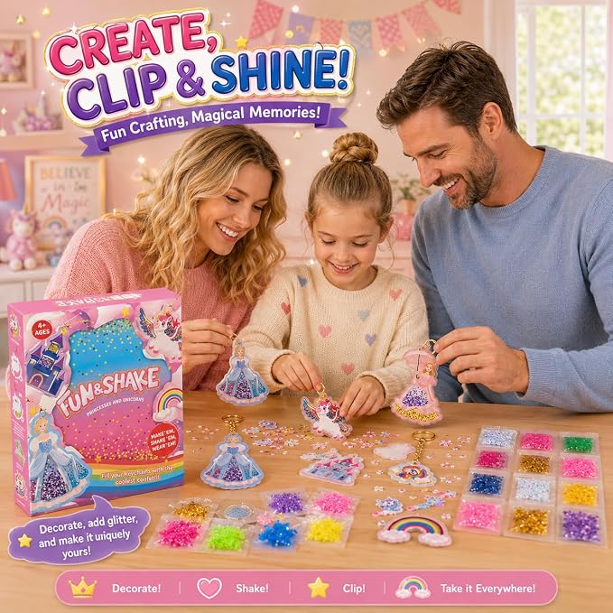 DIY Glitter Craft Kit with Keychains - Mess-Free Arts and Crafts for Kids Ages 4-8, Fun Shake-It Activity, Creative Travel Toys, Party Favors & Birthday Gifts for Girls 4-9