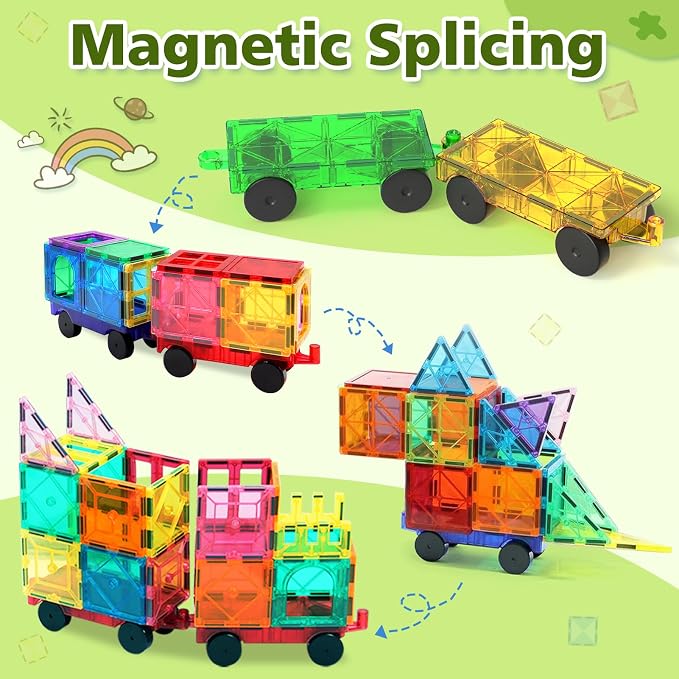 Feoxialy Magnetic Tiles Cars 4 PCS Magnetic Cars Set Construction Kids Toys | Magnet Building Blocks for Kids Ages 4-8 3-5, Truck Kit Educational Toys Gifts for 3+ Year Old Boys Girls Christmas Birthday