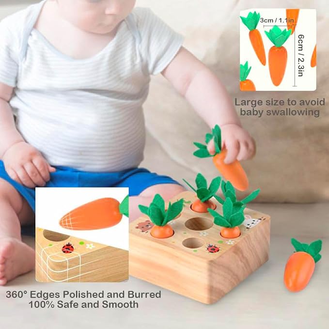 Ancaixin Montessori Toys for Babies 6-12 Months, Wooden Toys for 1 Year Old | Educational Carrot Harvest Toy for Toddlers, Shape Sorting Matching Puzzle, Developmental Birthday Gifts for Boys and Girls