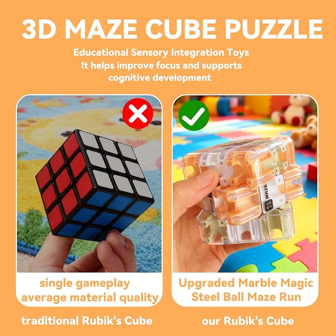 Challenging 3D Labyrinth Maze Cube, Brain-Testing Puzzle Game for Kids 8+, Educational Logic Toy for Home or Travel Easter Basket Stuffers Easter Egg Fillers