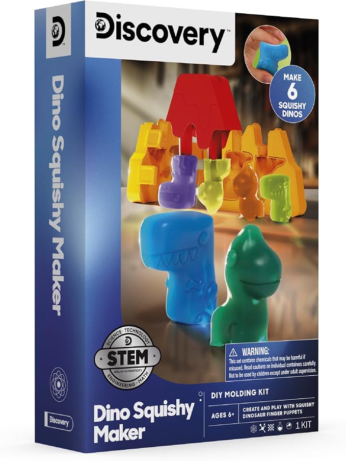 Discovery Dino Squishy Making Kit| Create 6 Squishy Dinosaur Finger Puppets| DIY Make Your Own Squishies Set| Kids Sensory Toy| STEM Chemistry Activity| Arts & Craft Kit| Educational Gift| Ages 6+